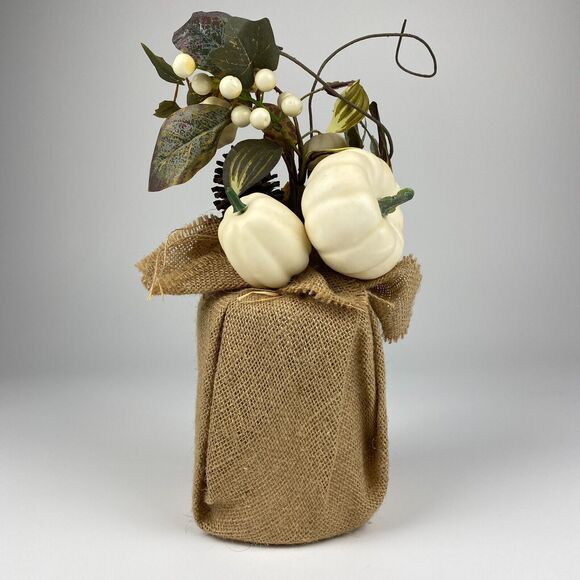 Autumn Greenery Burlap White Pumpkin Cottage Rustic Thanksgiving Centerpiece 14" - Picture 5 of 7